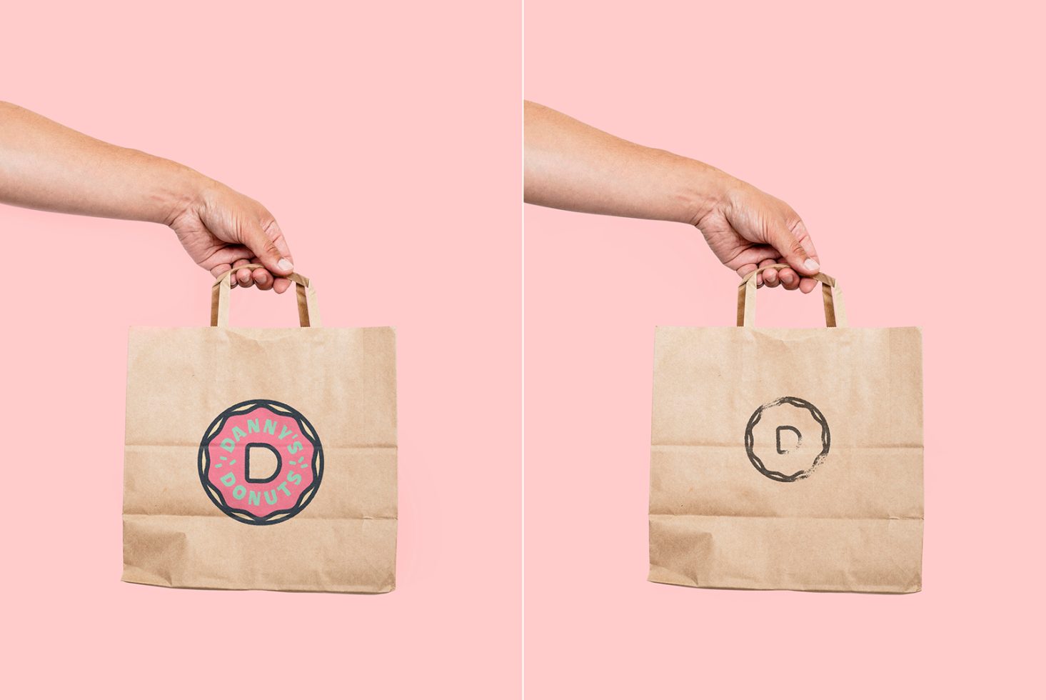 Two paper bag mockups held against a pink background, one with a colorful donut logo design and the other plain for showcasing branding.